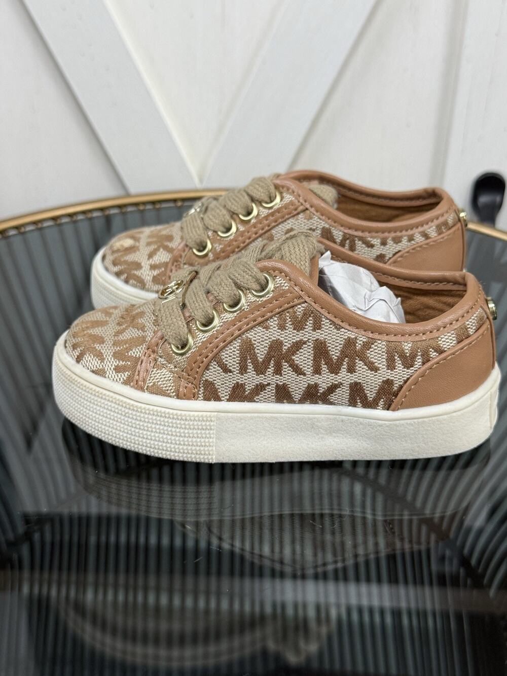 Michael Kors Lil Rita Toddler Girls Size 6 Tan MK Logo Canvas Sneakers Shoes